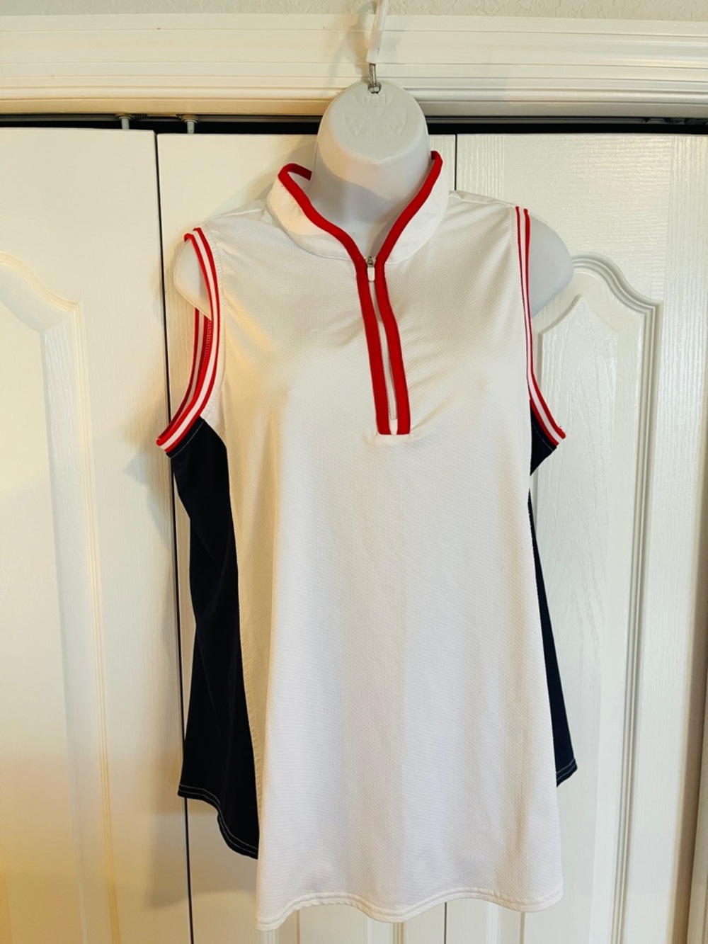 Jofit White Sleeveless Polo Top with Red Trim and Navy Panels